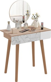 HOMCOM Sminkasztal Kör alakú Tükörrel Ф39cm, Smink Konzol Fiókkal Dzungel Dekorációval, Fehér és Tölgy, 70x39x119-128cm | Aosom