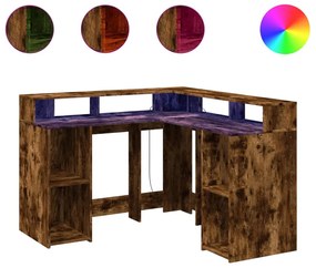 füstös tölgy színű szerelt fa íróasztal LED-ekkel 130x130x91 cm