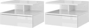 HOMCOM 2 db Felfüggeszthető Éjjeli Szekrény 1 Fiókkal és Nyitott Polccal a Hálószobába 35x32x22.5 cm Fényes Fehér | Aosom