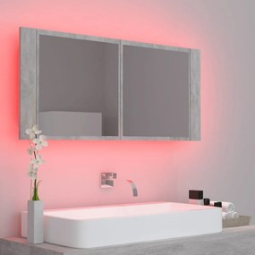 betonszürke akril LED-es tükrös fürdőszobaszekrény 100x12x45 cm