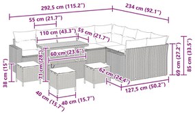 12 részes kerti kanapé szett párnákkal, szürke poli rattan akác, 3 részes kerti étkező szett párnákkal, szürke poli rattan akác