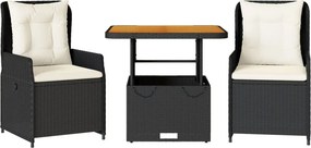 vidaXL 3 részes fekete polyrattan bisztrógarnitúra párnával