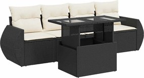 vidaXL 5 részes fekete polyrattan kerti kanapészett párnákkal