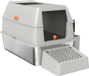 PawHut Rozsdamentes Acél Fedett Macskaalom Tálca Kijáró Lépcsővel és Rozsdamentes Acél Kislapáttal Világosszürkében | Aosom