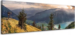 Vászonkép Nap a hegyek felett Felhők Falu 120x40 cm