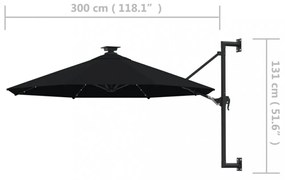 fekete fali napernyő LED-ekkel és fémrúddal 300 cm