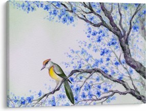 Kép - Madár egy fán kék virágokkal (70x50 cm)