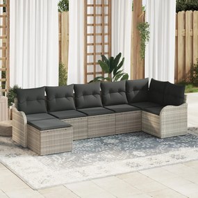 7 darabos kerti kanapékészlet párnákkal világosszürke poli rattan, 2 üléses kerti kanapé párnákkal világosszürke poli rattan