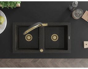 Mexen Mario, gránit mosogató 820x436x161 mm, 2-kamrás és Duo mosogató csaptelep, fekete-arany metál, 6504-75-671701-57-G