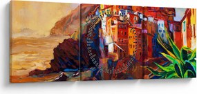 Kép - Falu Cinque Terre partján, az olasz riviérán, modern impresszionizmus (órával) (90x30 cm)