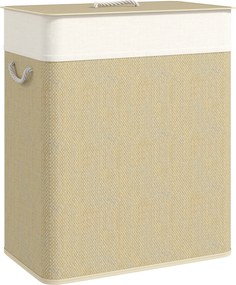HOMCOM Bambusz Ruhatároló Fedéllel 100L Ruhás Kosár 2 Rekeszsel, Kivehető Belső Táskával a Mosókonyhához és Hálószobához, 52x32x63 cm Natúr | Aosom