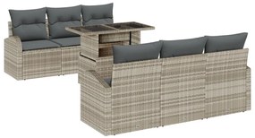 7 darabos kerti kanapé szett párnákkal, világosszürke poli rattan, 2 személyes kerti kanapé tárolóval és párnákkal, világosszürke poli rattan