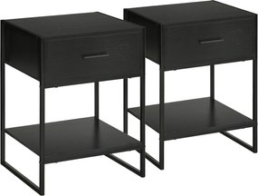 HOMCOM 2 db Modern Éjjeliszekrény, Hálószoba és Nappali Éjjeliszekrények, Fiókkal és Nyitott Polccal, Modern Dizájn, MDF és Acél, 45x40x60cm, Fekete |
