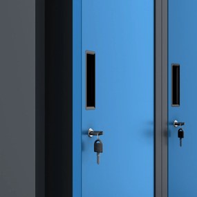 Pléh öltözőszekrény talpazaton, kétmodulos, polccal és köztes fallal KACPER, 800 x 1800 x 500 mm, antracit-kék