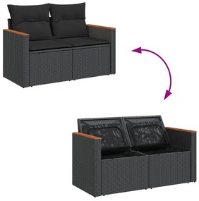 9 Részes Kert Sofabútor Szett Párnákkal Fekete Poli Rattan Akáciából