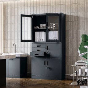 Fém iratszekrény széffel, vitrinnel és fiókokkal FILIP, 900 x 1850 x 400 mm, antracit