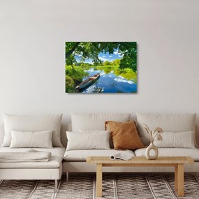 Egy nyári folyó képe hajóval (üvegen) (70x50 cm)