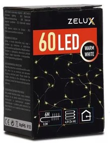 Zelux karácsonyi világítás, fényfűzér, 60 led, fehér, 3000K, 6m