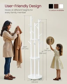 Szabadon álló fogasállvány 175 cm, ruhafa 11 akasztóval, felhőfehér