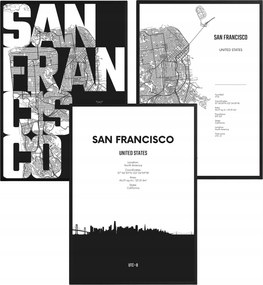 San Francisco Poszter Szett Panoráma Fekete-Fehér Nappaliba 61x91cm