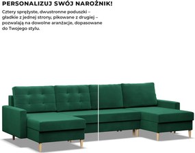 Etna U alakú sarokkanapé, 3 ágyneműtartóval, bársony, univerzális oldal, bonell töltet, zöld