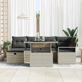 7 Darabos Kerti Szófa Szett Párnákkal Világosszürke Poli Rattan, 2-Személyes Kerti Szófa Tárolóval &amp; Párnákkal Szürke Poli Rattan