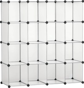 HOMCOM DIY moduláris polcrendszer 16 kockával, rakásolható DIY kockaszekrény, tárolószekrény, álló polc, cipőpolc műanyag acélból, Fehér, 125 x 32 x 1