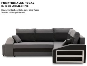 Grande sarokkanapé polcokkal és puffokkal , polc a jobb karfaban puffok a bal karfaban, jobboldali, szövet anyag, hab töltet, szürke - fekete