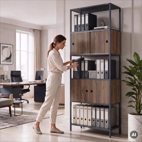 Iratrendező polc zárható szekrénnyel, irodai, nyitott polcok, fém antracit/dió, 800x2200x400 mm: ARIEL Eco Design