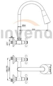 Invena Roma, falra szerelhető csaptelep rugalmas karral 150mm, szürke-króm, INV-BC-24-E5S-L