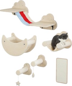 PawHut 6 Részes Fali Mászó Játék Macskáknak Égbolt Téma Fali Polcok Hintaágyakkal, Platformokkal, Lépcsőkkel, Kaparófával és Játéksztárral - Bézs | Ao