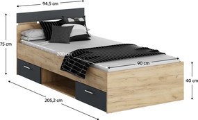 Ágykeret, 90x200, artisan tölgy/grafit, MICHIGAN NEW