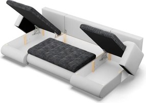 Tokio U alakú sarokkanapé, 3 ágyneműtartóval, fonott + műbőr, univerzális oldal, sötétszürke - fehér