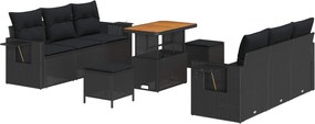 vidaXL Kerti Kanapé Szett 9 pcs Fekete Poli rattan és porbevonatú acél