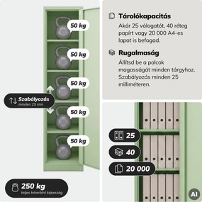Keskeny fém irodai iratszekrény, pasztellzöld, 450x1850x400 mm: ALEX Fresh Style