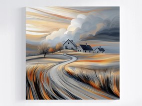 Vászonkép Canvas Tájkép Falu Mező Házak Ég Felhők 80x80