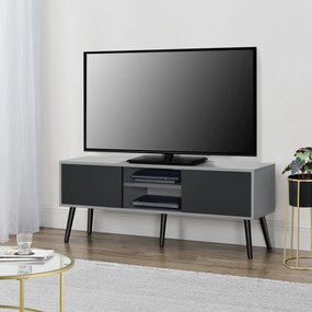 [en.casa] TV-állvány Eskilstuna HS 120 x 29,5 x 46,5 cm TV-szekrény polccal tévéasztal ajtóval forgácslap tömör fa lábakkal világosszürke/fekete