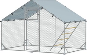 PawHut Ezüst Tyúkól Futókerítés Acélból, 3 x 2 x 1,95 m Tyúk Cage UV-ellenálló Borítással, Takarmányajtóval, Függő Feederrel, Ülőfával, Tyúk Futó 6-8