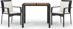 vidaXL 3 részes fekete polyrattan kerti étkezőgarnitúra párnákkal