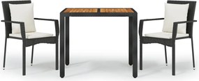 vidaXL 3 részes fekete polyrattan kerti étkezőgarnitúra párnákkal