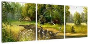 Kép - folyó az erdőnél, olajfestmény (órával) (90x30 cm)