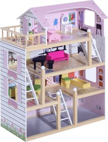 HOMCOM Fa Babaház 4 Szinten, Magasság 80,5 cm, 13 Kiegészítővel, Lányoknak, Gyerek Játék, 60,5x30x80,5 cm Rózsaszín | Aosom