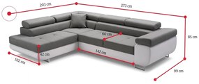 ALFA sarok kanapéágy, 273x70/85x203, sioux 1115/lux 23, bal sarok