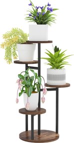 Outsunny 5-Tiers Virágtartó Állvány Fából és Acélból 5 Kerek Polccal Virágcserép Tálaláshoz Beltéri és Kültéri Használatra 43x43x70 cm Égett | Aosom