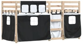 fehér/fekete tömör fenyőfa emeletes ágy függönyökkel 90x190 cm