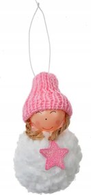 Fehér karácsonyi kerub dekoráció rózsaszín hógömbbel 5x9 cm