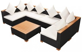 7-részes fekete polyrattan kerti bútorszett párnákkal