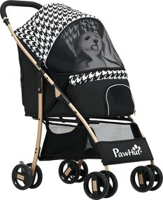 PawHut Összecsukható Kutyakocsi Állati Kocsi 2 Ajtóval Hálós Ablakkal Tárolókosárral Biztonsági Pórázzal és Párnával 15 kg Teherbírás 80x44.5x97 cm Fe