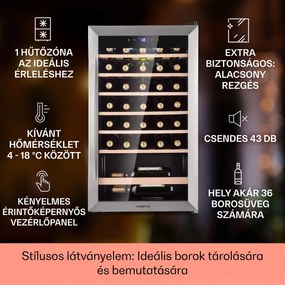 Klarstein Vinamour 32 Uno, borhűtő, 95 liter, 36 palack, 4-18 °C, 1 zóna, érintésvezérlés