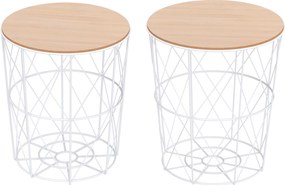 HOMCOM Kerek Kávézó Asztal 2-Darabos Készlet Halmozható Nappali Asztal Oldalsó Asztal Levehető Fedéllel - Kávézó Asztal Fém Vázon Nappaliba Természete